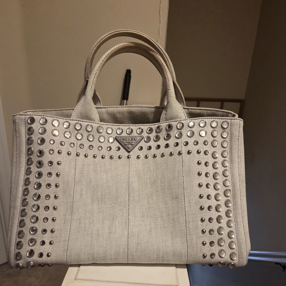 Prada Beige Studded Canapa Tote Women's Bag